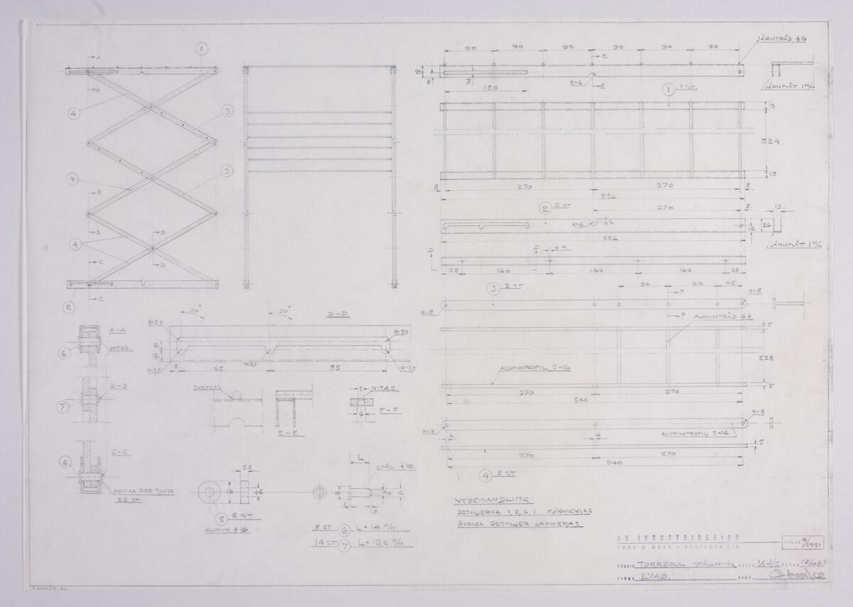 Ritningar till layout LIAB Rotonet, brödrost, manöverpanel, sladdvinda, inställningsanordning TV, dammkollektor, torkställning, med förklaringar och måttangivelser