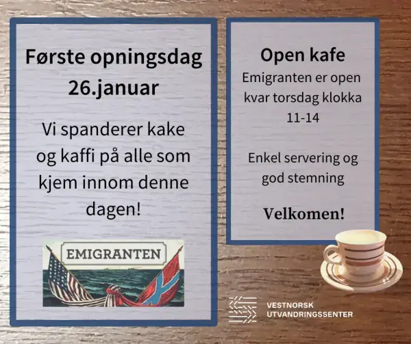 Plakat opningsdag Kafe Emigranten, 