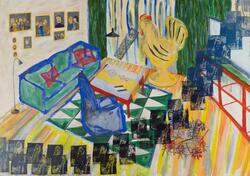 Høne med mikrofon og sofagruppe, Wenche Joachimsens stue [Li