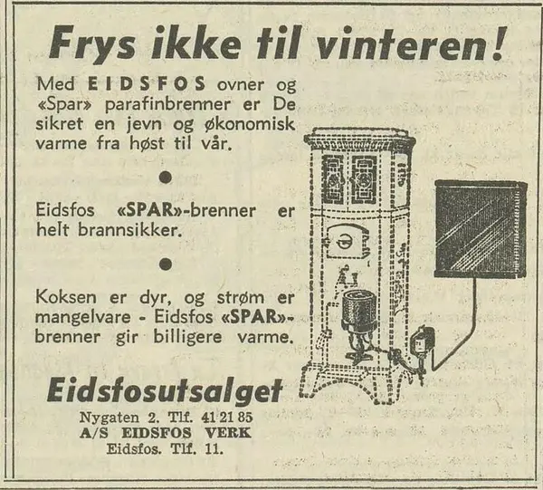 Annonse i Arbeiderbladet fra 1956 for "SPAR"-brenneren fra Eidsfos verk.