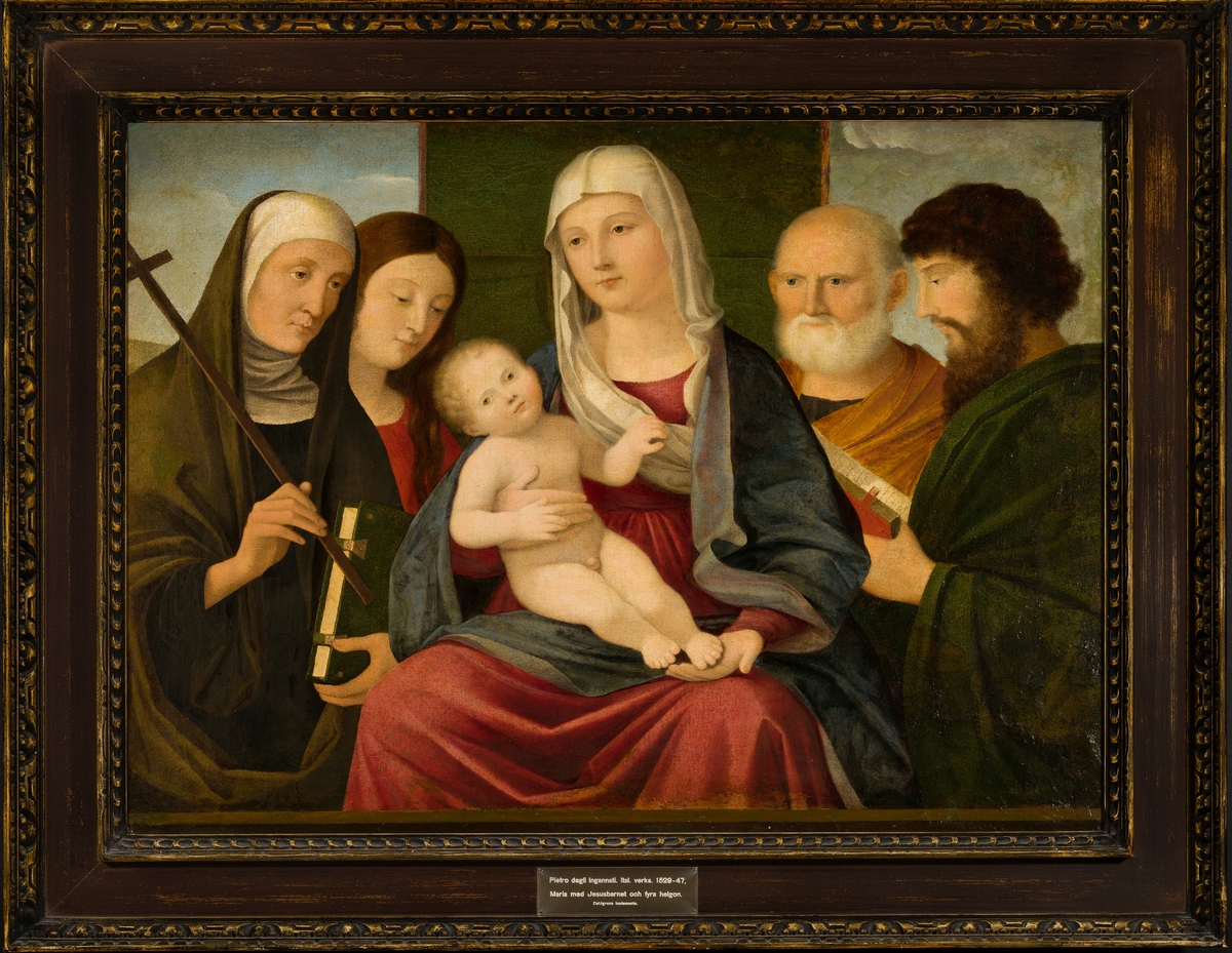 Maria med Jesusbarnet samt fyra helgon; i mitten framför en grön skärm sitter Maria, hållande Jesusbarnet; från höger till vänster, två kvinnliga helgon (S:t Clara och en okänd); till höger, två manliga helgon (Johannes Evangelista och Petrus)