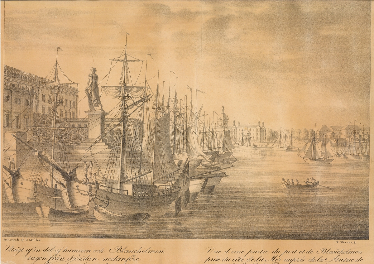 Stockholmsmotiv.
I förgrunden jakter till ankars. I bakgrunden Skeppsbron och Gustaf III:s staty.