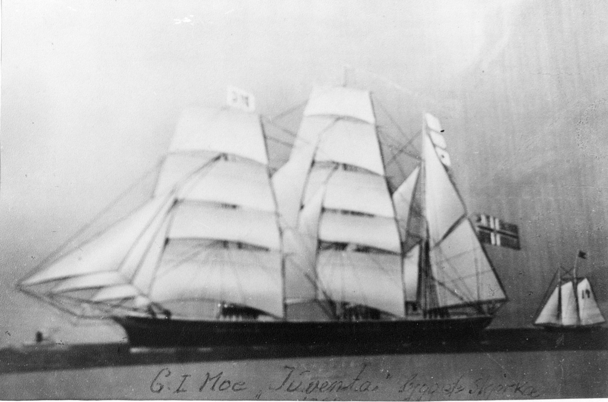 Skipsmotiv, "Juventa" bygget 1867 ved skipsverftet Skjerke i Bamble. Eier var A. Bromander fra Gøteborg. Skipet på 377 reg. tonn hadde 119 fots lengde og 29 fots bredde, og stakk 17 fot dyp.