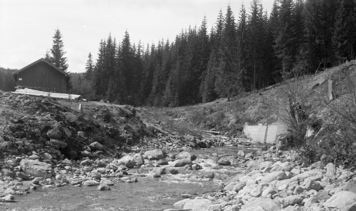 Løsetåas elveløp, fotografert i motstrøms retning ved Stampehuset i Nord-Odal, der det inntil like før dette bildet ble tatt i juni 1955, hadde vært ei bjelkebru av tre på støpte betongkar (jfr. SJF.1994-01287 - SJF.1994-01290). Da dette fotografiet ble tatt var den gamle brua fjernet, men den støpte muren som skulle skjerme elveskråningen i en yttersving like ovenfor brustedet sto fortsatt. Vi ser en av bygningene på Stampehuset på elvebrinken til venstre i fotografiet. Det året dette fotogrfiet ble tatt ble det innmeldt 57 241 tømmerstokker til fløting i Løvsetåa. Dette utgjorde snaut 7 prosent av fløtingstømmeret i Odalsvassdraget i 1955.