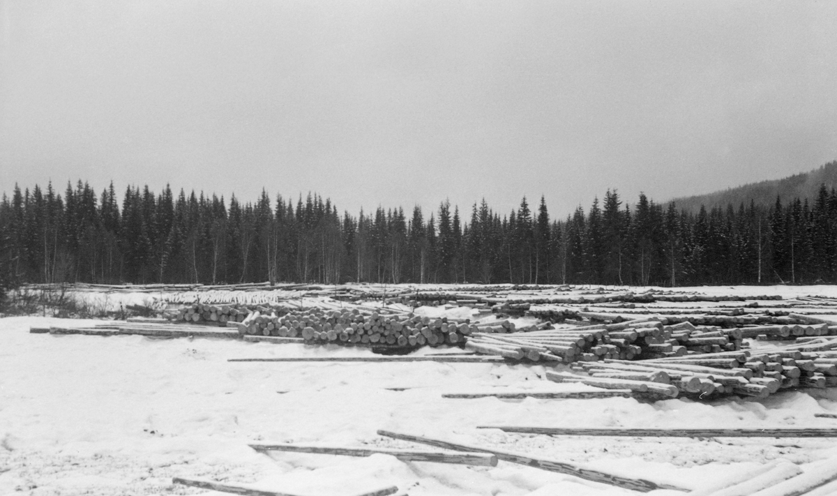 Tømmertillegging på ei snødekt flate i den øvre delen av Rindavassdraget, som har sine øverrte kilder i noen små tjerne sør for Rindåsen, i grensetraktene mellom Vestre Gausdal og Fåberg. Tømmerkjørerne hadde lagt stokkene i lunnevelter, vinkelrett på strøstokker som skulle hindre at tømmerveltene sank ned i snøen. Elva Rinda renner sørøstover gjennom Saksumsdalen til utløpet i Mjøsa ved Rindal, et par kilometer sør for Vingrom kirke. Dette vassdraget er drøyt to mil langt. Fotografiet ble tatt i mai 1955.