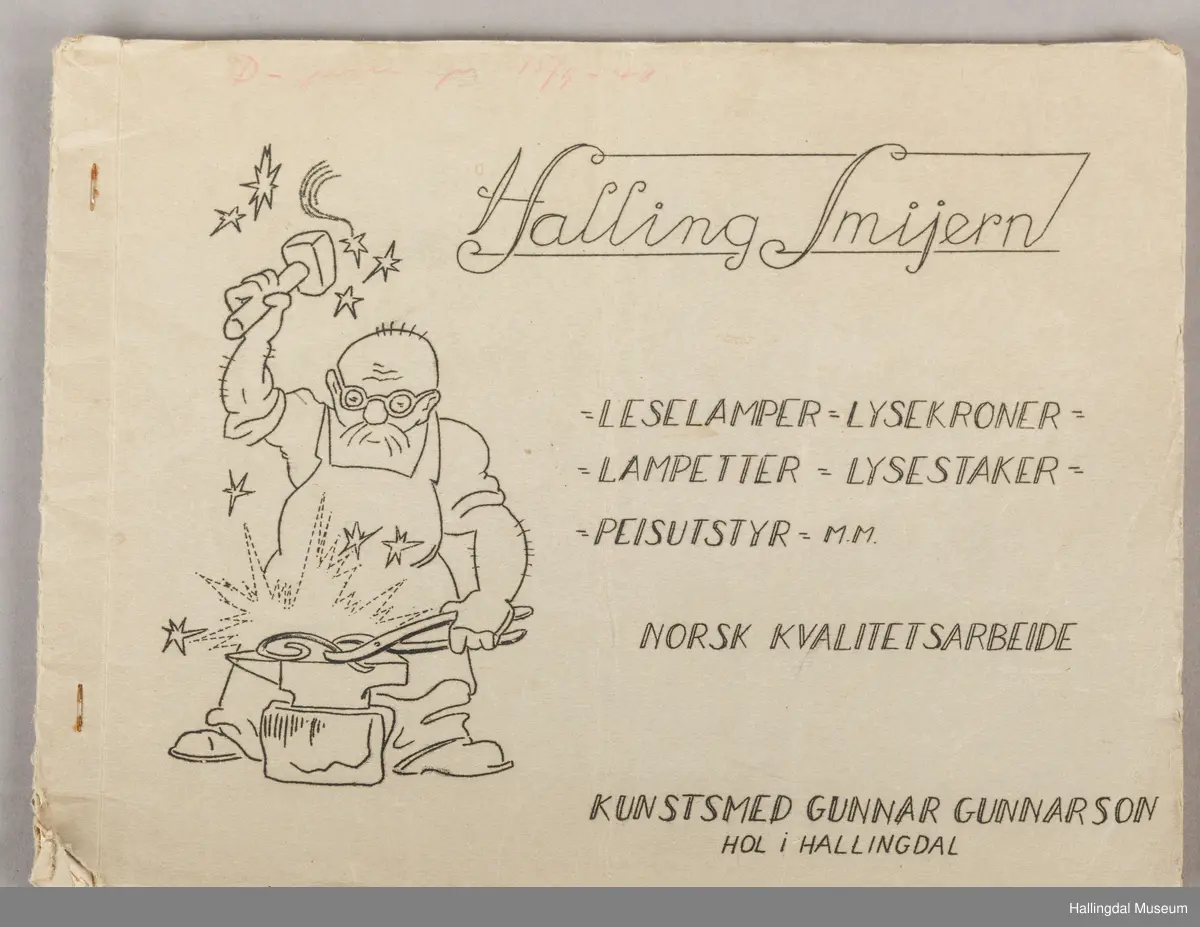 Salgskatalog for produkter laget av Kunstsmed Gunnar Gunnarson fra Hol i Hallingdal. Hefte med to metallstifter i ryggen. Tykkere, grå kartong til cover, 17 sider med produktoversikt.
