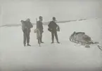 Fotografi från första svenska Antarktisexpeditionen 1901-1904. Motiv av expeditionsdeltagarna Åkerlund, Ekelöf och Bodman som står bredvid släde i snölandskap.