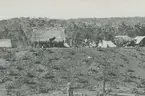 Fotografi från expedition till Peru 1920. Motiv av hyddor med halmtak och vita tält framför djungel.