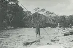 Fotografi från expedition till Peru 1920. Motiv av man på flotte i flod i djungeln. På stranden syns två expeditionsdeltagare.