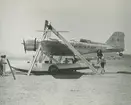 Fotografi från låda märkt Bernt Balchen. Balchen var norsk-amerikansk flygare, polarforskare och militär. Motiv av människor vid flygbåt på strand år 1934.