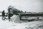 Fotografi från låda märkt Bernt Balchen. Balchen var norsk-amerikansk flygare, polarforskare och militär. Motiv av man och flygplan i snötäckt landskap.