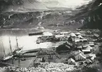 Bild från expedition i Antarktisområdet. Vy över hamn i Grytviken. Till vänster i bilden syns fartyget 