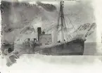 Bild från expedition i Antarktisområdet. Motiv av valfångare och snötäckt berg i Leith Harbour, 1912.