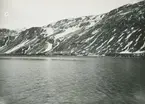 Bild från expedition i Antarktisområdet. Vy över hav, hus och berg i King Edward's Point.