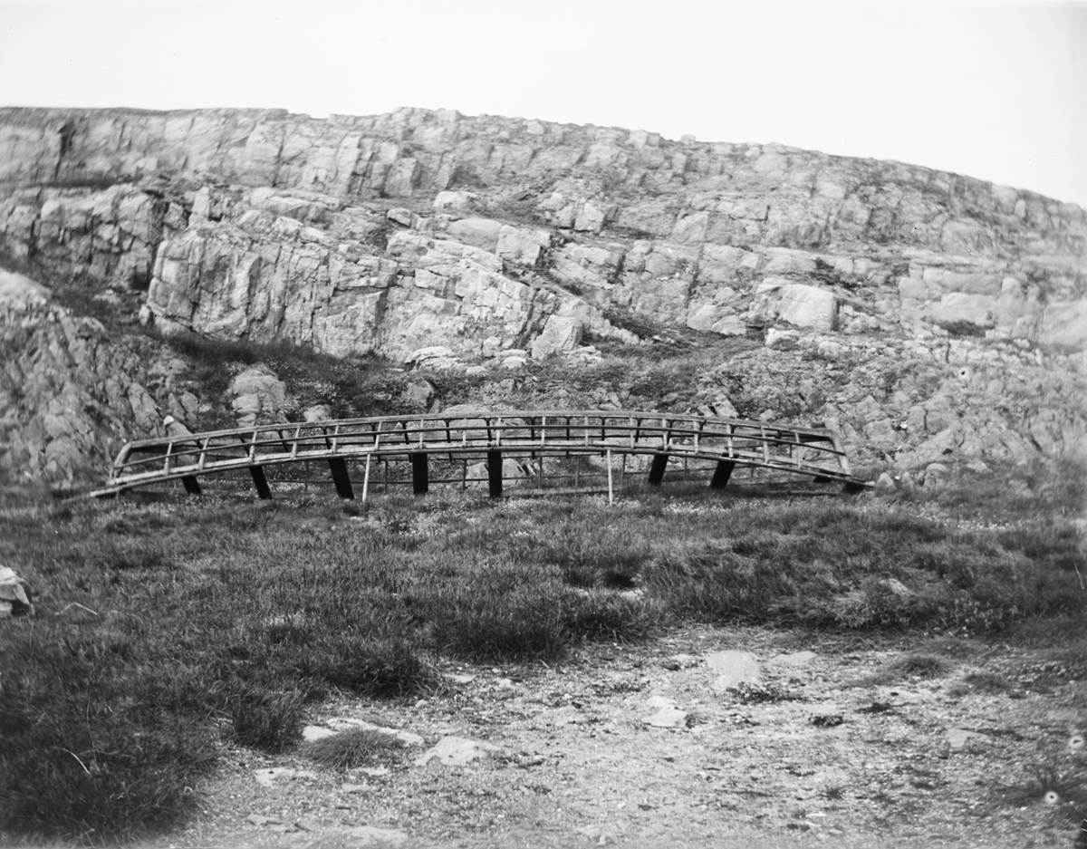 Fotografi från Grönland. Motiv av båtskelett och berg.