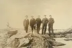 Fotografi från expedition till Spetsbergen 1920. Motiv av fem män som står på klippor.