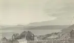 Fotografi från Albin Ahrenbergs resa till Grönland 1929. Vy över hus, hav och berg i Ivigtut, Grönland.