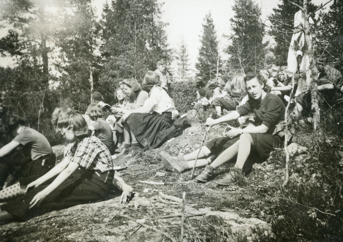 Folk på tur til Larkollen.  Tordis Terjesen er med på alle fire bilda.