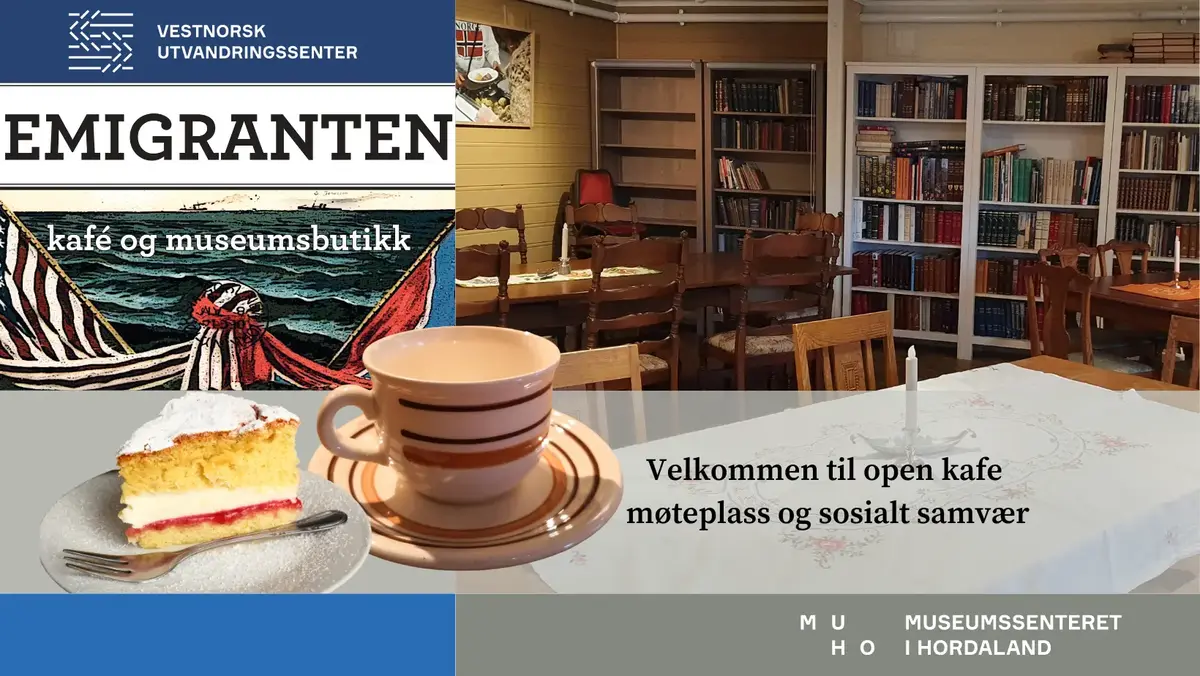 Skilt Kafe Emigranten med gammel flagg fra Norge og USA. Kafe med kaffikopp og kake