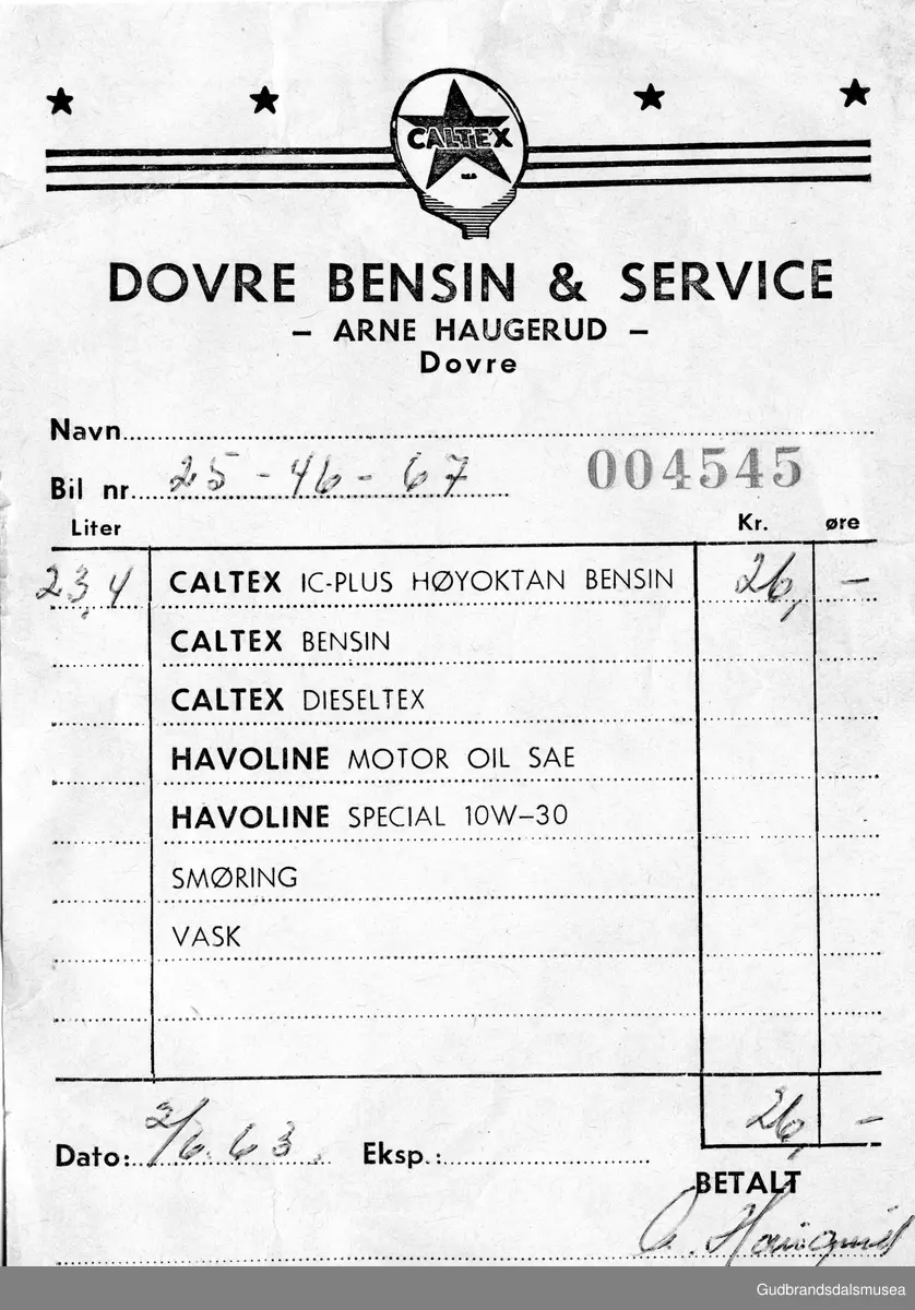 Kvitteringer for olje og bensin fra Dovre Bensin & Service (Caltex) på Dovre fra 1967.