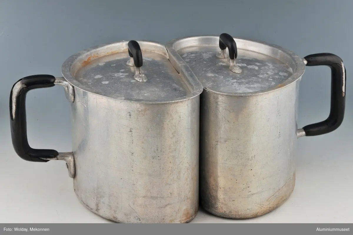 To halmåneformete kar med hvert sitt lokk. Lokkanten formet slik at halvparten av kantene på langsiden er brettet og festes over kanten på motsatte kasserolle, og holder de to delene sammen.
Kar og lokk har pånaglete håndtak dekket av bakelitt. Bakelitten er sprukket opp på alle håndtak.