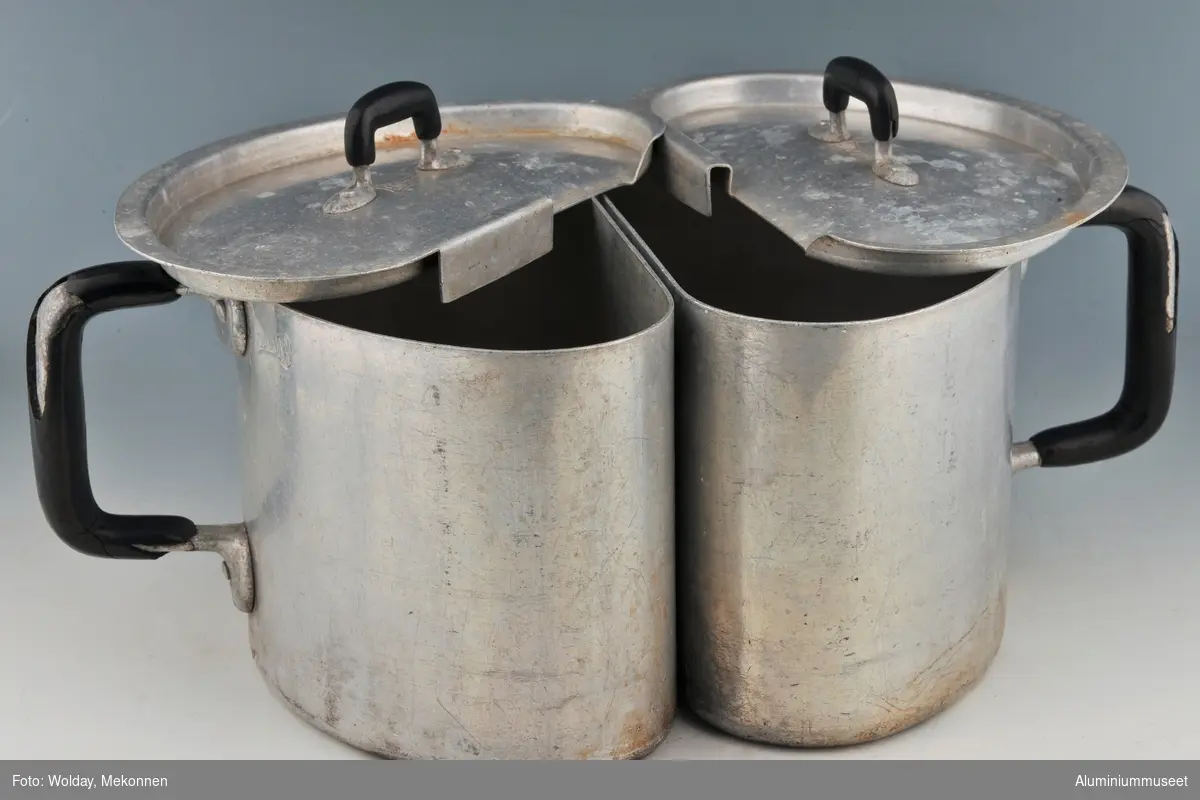 To halmåneformete kar med hvert sitt lokk. Lokkanten formet slik at halvparten av kantene på langsiden er brettet og festes over kanten på motsatte kasserolle, og holder de to delene sammen.
Kar og lokk har pånaglete håndtak dekket av bakelitt. Bakelitten er sprukket opp på alle håndtak.