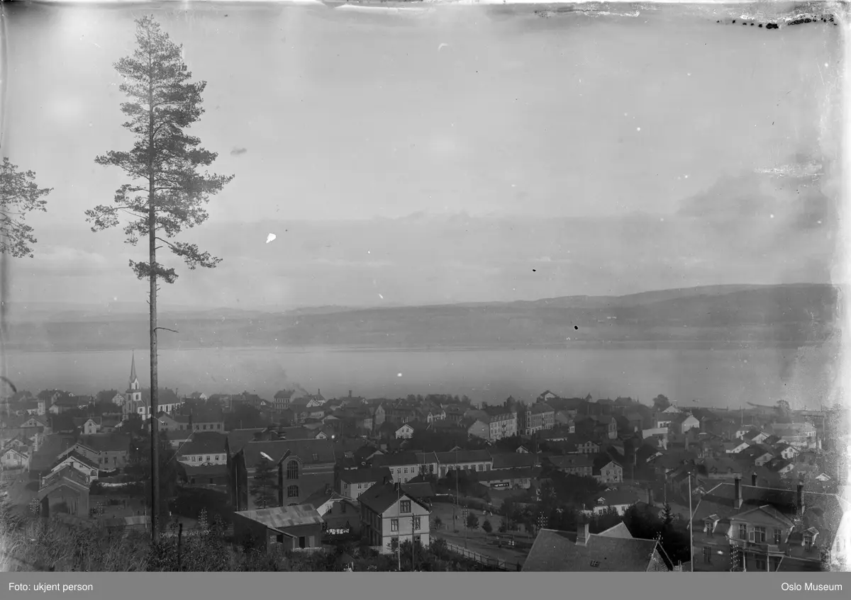 utsikt, bybebyggelse, kirke, forretningsgårder, skole, fjord