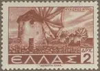 Frimärke ur Gösta Bodmans filatelistiska motivsamling, påbörjad 1950. Frimärke från Grekland, 1942. Motiv av Vindkraftverk 
