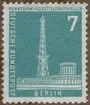 Frimärke ur Gösta Bodmans filatelistiska motivsamling, påbörjad 1950. Frimärke från Väst Berlin, 1956. Motiv av Radiomast och Utställningsbyggnader i Berlin