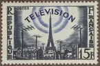 Frimärke ur Gösta Bodmans filatelistiska motivsamling, påbörjad 1950. Frimärke från Frankrike, 1955. Motiv av Televisionsmaster i Paris Eiffeltornet