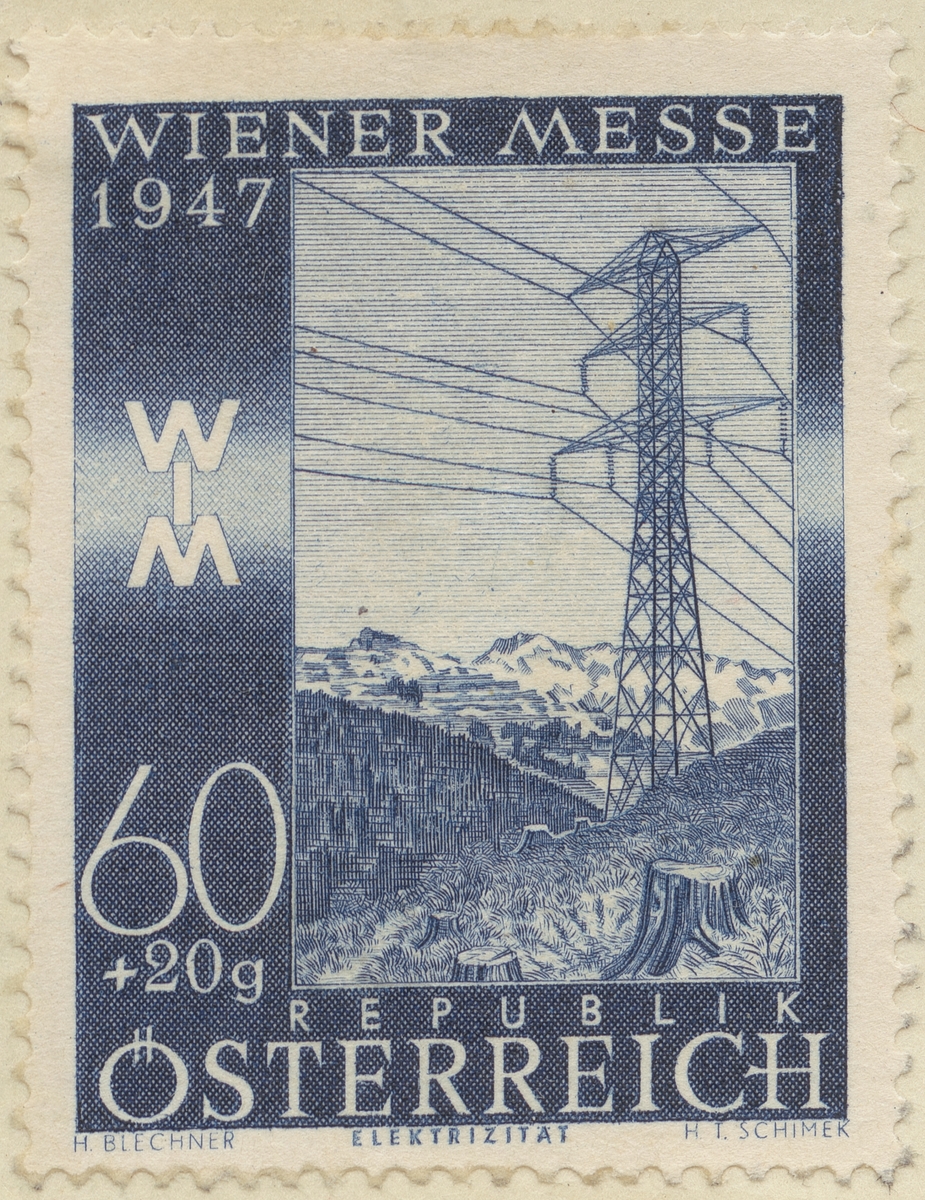 Frimärke ur Gösta Bodmans filatelistiska motivsamling, påbörjad 1950. Frimärke från Österrike, 1947. Motiv av El-högspänningsledning "-Wiener Mässan 1947-"
