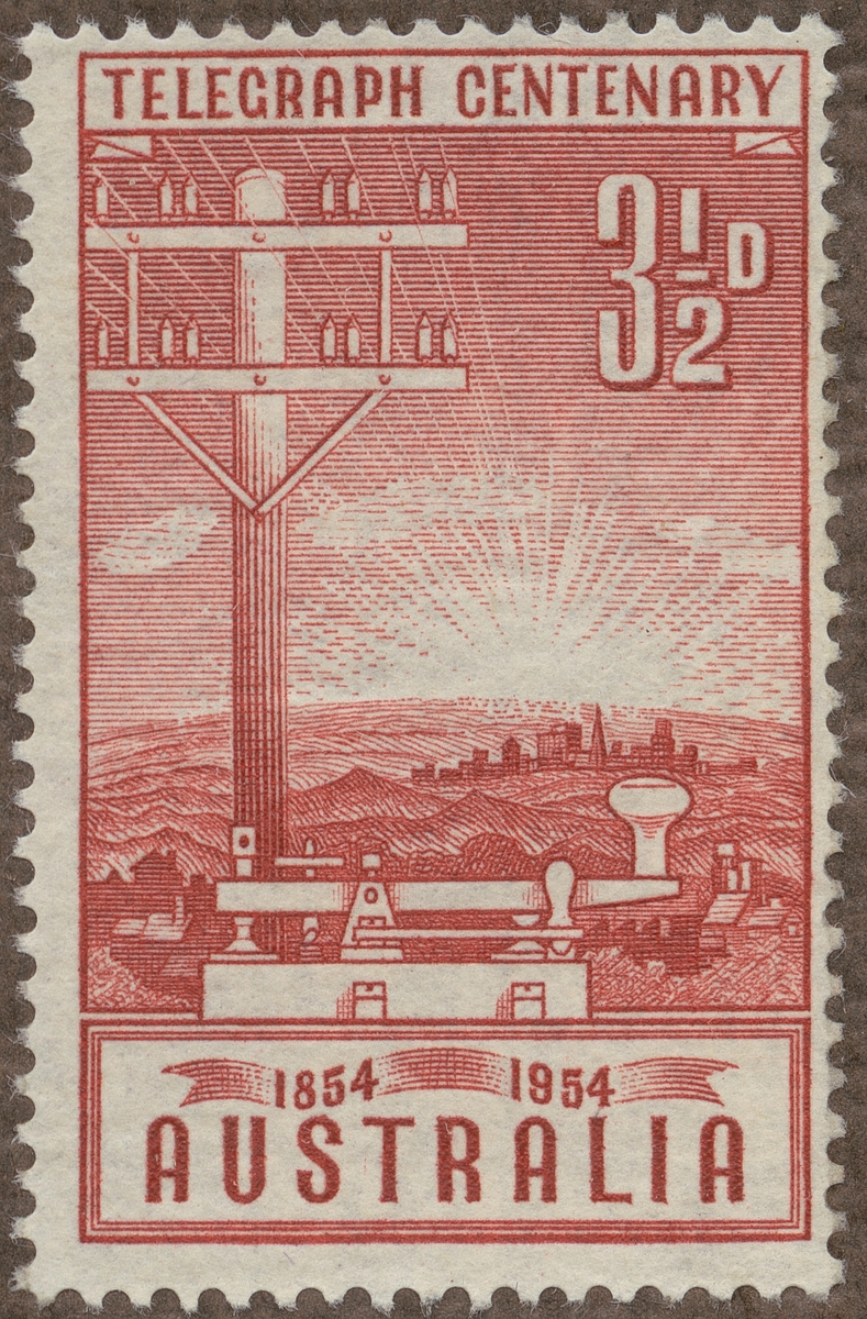 Frimärke ur Gösta Bodmans filatelistiska motivsamling, påbörjad 1950. Frimärke från Australien, 1954. Motiv av Trycktelegraf Telegrafstolpe "Australiens telegraf 100 år 1854-1954