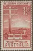 Frimärke ur Gösta Bodmans filatelistiska motivsamling, påbörjad 1950. Frimärke från Australien, 1954. Motiv av Trycktelegraf Telegrafstolpe 
