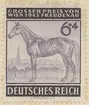 Frimärke ur Gösta Bodmans filatelistiska motivsamling, påbörjad 1950. Frimärke från Tyskland, 1943. Motiv av Pris- Häst i Wien
