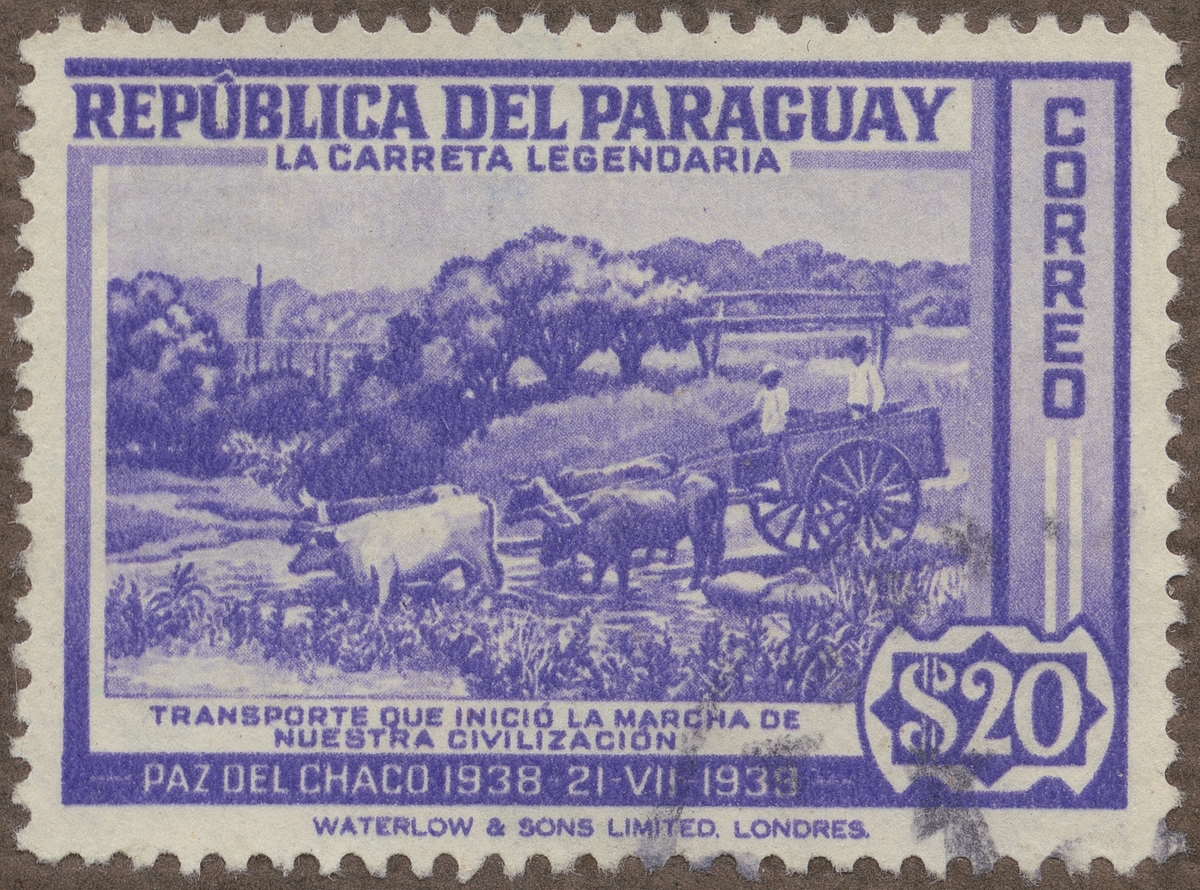 Frimärke ur Gösta Bodmans filatelistiska motivsamling, påbörjad 1950. Frimärke från Paraguay, 1940. Motiv av Oxvagnstransport "Serie till minne av Chacofreden 1938-21.7-1939"