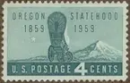 Frimärke ur Gösta Bodmans filatelistiska motivsamling, påbörjad 1950. Frimärke från U.S.A., 1959. Motiv av Typisk amerikansk utvandrarkärra 