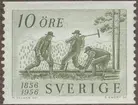 Frimärke ur Gösta Bodmans filatelistiska motivsamling, påbörjad 1950. Frimärke från Sverige, 1956. Motiv av Svenska järnvägsbyggare i arbete s.k. 