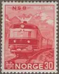 Frimärken ur Gösta Bodmans filatelistiska motivsamling, påbörjad 1950.  Frimärke från Norge, 1954. Motiv av Modernt snälltåg: Diesel-Lokomotiv 