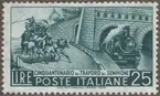 Frimärken ur Gösta Bodmans filatelistiska motivsamling, påbörjad 1950. Frimärke från Frankrike, 1956. Motiv av Simplontunneln Hästspann Järnvägståg 