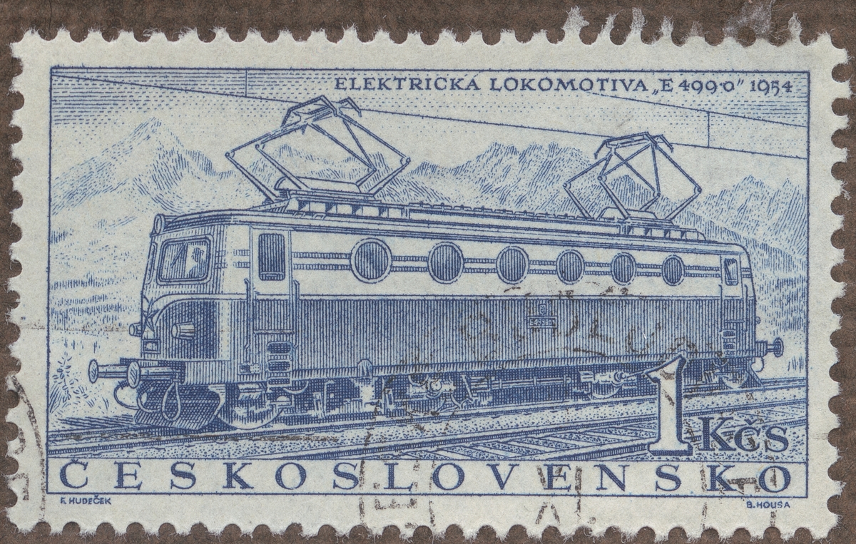 Frimärken ur Gösta Bodmans filatelistiska motivsamling, påbörjad 1950.  Frimärke frånTscheckoslovakiet, 1956. Motiv av Elektriska Lokomotivet "E. 499" 1954 "Lokomotiv Serie.-"