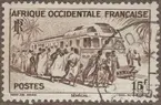 Frimärken ur Gösta Bodmans filatelistiska motivsamling, påbörjad 1950.  Frimärke från Franska Väst-Afrika, 1947. Motiv av Rälsbuss i Sénégal, Afrika