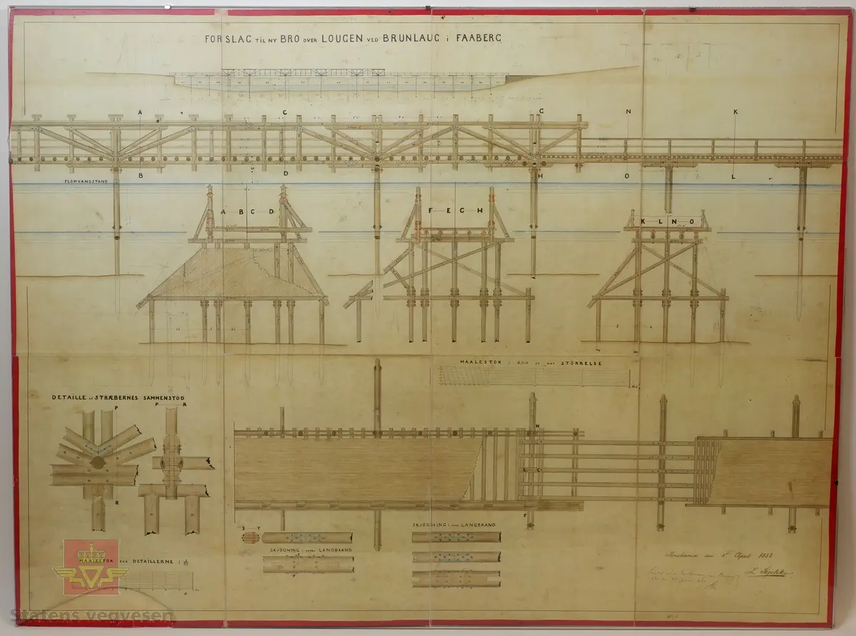 Tegning innrammet med glass. Tegningen er i original utførelse. Motivet på tegningen er brukonstruksjoner og beskriver bygging av ny trebru over Lågen ved Fåberg. På baksiden av rammen er det fester for veggmontering.