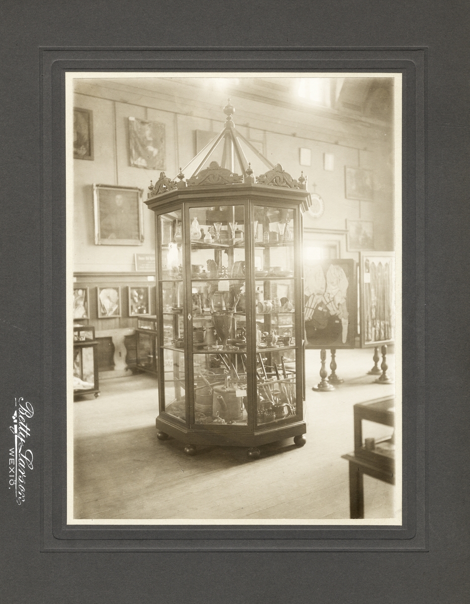 En välfylld monter i Smålands museum, ca 1900.