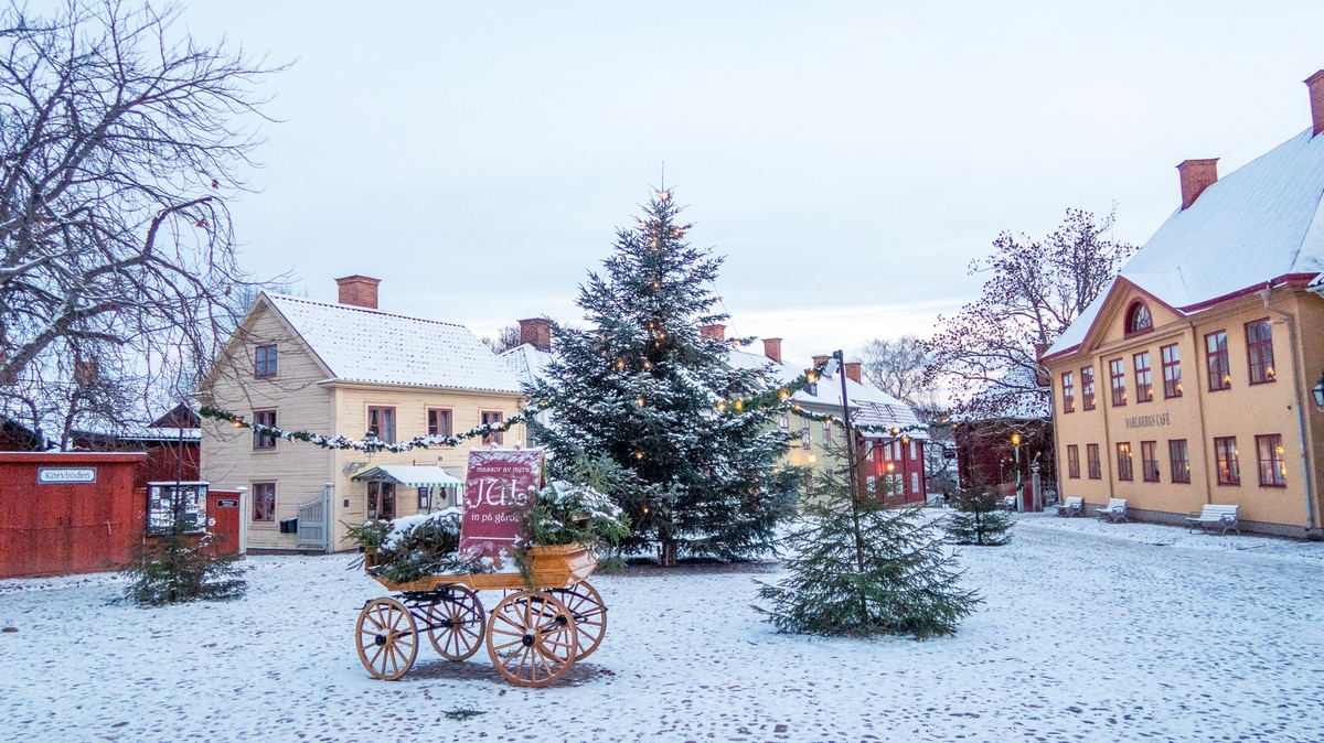 Julgran och snö på Kryddbodtorget. Vinter i Friluftsmuseet Gamla Linköping år 2022.