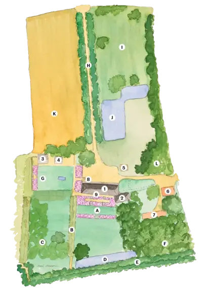 Akvarelltegning over Linderud gårds hageanlegg.