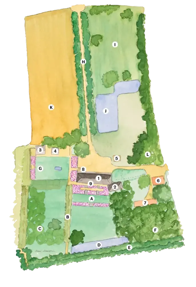 Akvarelltegning over Linderud gårds hageanlegg.