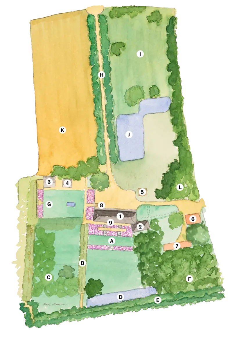 Akvarelltegning over Linderud gårds hageanlegg.