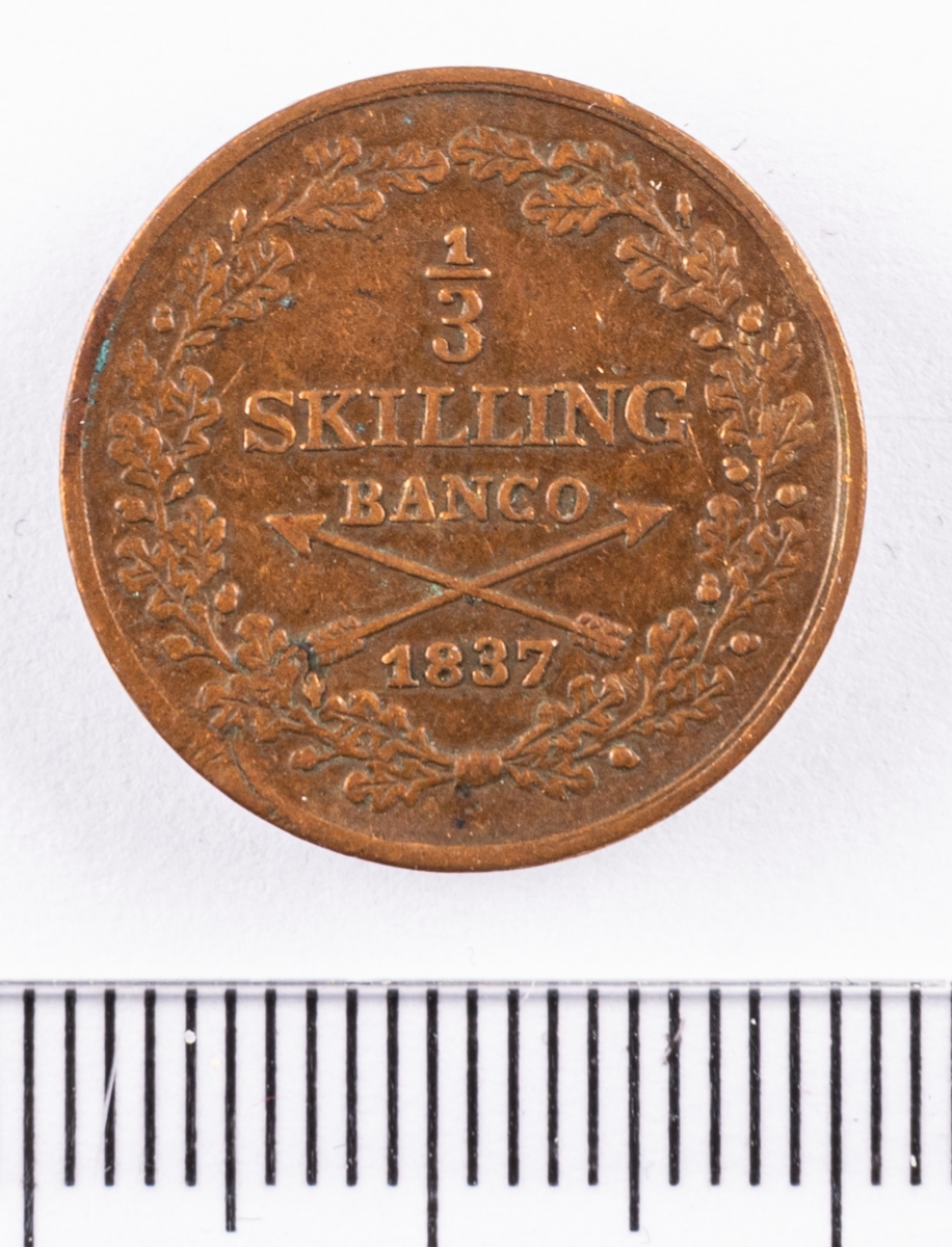 Mynt, Sverige, 1/3 skilling banco, 1837.