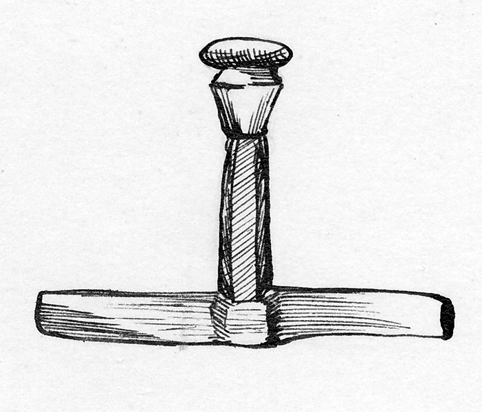 Handtag, navareskaft) av trä med beslag av järn. 
Inbränt: C C S.