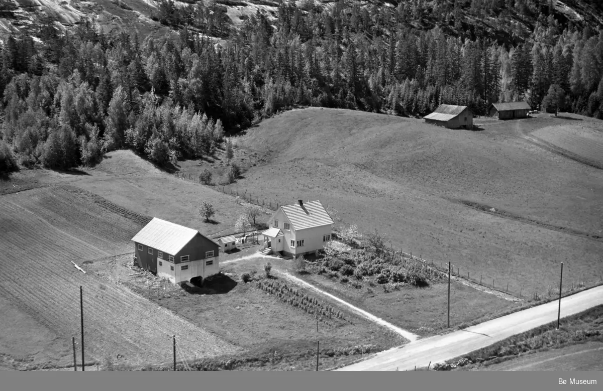 Flyfoto av Skogheim med Storhaug i bakgrunnen. Tatt 13. juni 1958. 